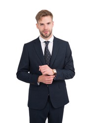 Giving man sense of style. Stylish lawyer isolated on white. Project manager in formal style. Business dress code. Formalwear. Professional wear. Fashion wardrobe.