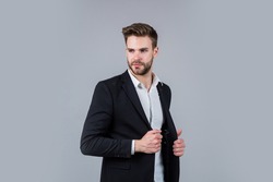 stylish guy with trendy hairstyle wear office suit, modern life.