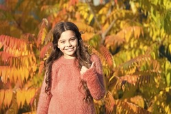 Autumn days are here again. Small child show thumbs up with yellow leaves in hair. Happy child on autumn landscape. Little child play on fresh air. Every child is innocent