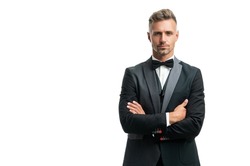 mature man in bow tie suit crossed hands. businessman isolated on white. gentleman in formal wear.