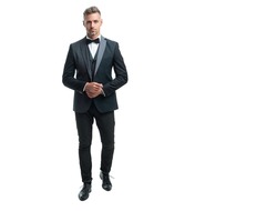 ambitious man bridegroom in rich tux bow isolated on white background. full lentgh