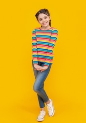 teen braided girl in childhood isolated on yellow background. childhood of teen girl