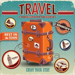 Vintage travel luggage poster with labels