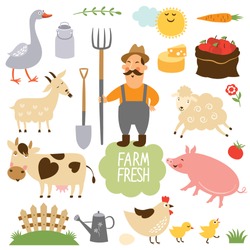 set of vector illustration of farm animals and related items
