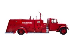 Vintage red fire rescue truck isolated on white background