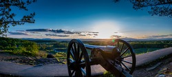 Sunset over a cannon at Gettysburg National Military Park in Gettysburg, Pennsylvania in May of 2020