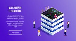 Isometric server. 3d server and people witn smartphones and tablets. Isometric blockchain. Cryptocurrency. Vector illustration.