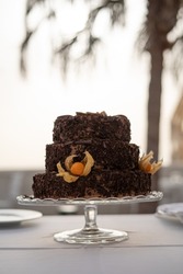 Cake with three chocolate floors on the outside and with fruits decorated on the outside, figs on the top