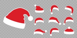 Santa Claus hat flat set. Realistic Santa Claus hat isolated transparent background. Red cap silhouette. Merry Christmas clothes cute cartoon design. New year decoration costume Vector illustration