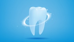Healthy tooth with glowing effect on blue background, teeth whitening concept, illustration vector.