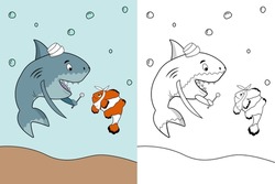 A children's coloring book with a shark dentist and a small fish. Cartoon vector illustration of the underwater world.