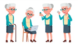 Old Woman Poses Set Vector. Elderly People. Senior Person. Aged. Caucasian Retiree. Smile. Web, Poster, Booklet Design. Isolated Cartoon Illustration
