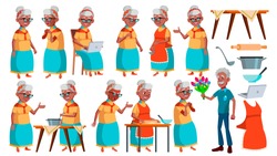 Old Woman Poses Set Vector. Black. Afro American. Elderly People. Senior Person. Aged. Active Grandparent. Joy. Presentation, Print, Invitation Design. Isolated Cartoon Illustration
