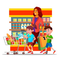 Mother With Children Shopping in Hypermarket Vector Characters. Cartoon Family Shopping In Grocery Shop. Mall, Supermarket. Buyers Carrying Bags Drawing. Mom And Kids Buying Food Flat Illustration
