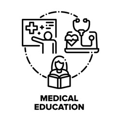 Medical Education Literature Vector Icon Concept. Woman Medical College Student Reading Medicine Educational Book, E-learning Lecture And Presentation Health Treatment Black Illustration