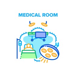 Medical Room Vector Icon Concept. Surgical Operating Medical Room Patient Lying In Bed Of Hospital Ward. Lamp Clinic Equipment For Lighting Medical Surgery And Stretcher Color Illustration
