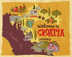 Illustrated map of Croatia. Travel and attractions