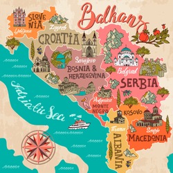 Illustrated map of Balkans. Travel and attractions