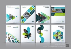 Business vector set. Brochure template layout, cover design annual report, magazine, flyer in A4 with green flying triangles, square, circles, flower, polygons for science, teamwork. Abstract