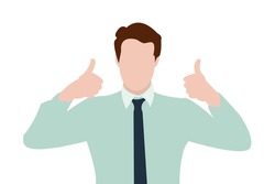 A man in an office shirt with a tie shows his hands thumbs up sign. Isolated on white. Vector illustration