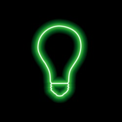 Simple neon green light bulb outline on black background. Vector illustration
