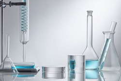 Researchers are using glassware in laboratories, research on cosmetics and energy on white background.