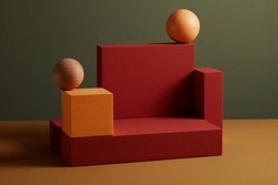 Red and orange podium with wooden sphere in a grey background for abstract advertising , front view 