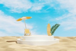Abstract minimal scene with white round podium placed on beach sand texture, decorated with a chair under an umbrella, surfboard, ball and plant. 3D rendering blue sky background