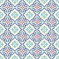 Traditional portuguese ornate decorative azulejo tiles pattern. Close up, copy space for text, background.
Seamless pattern illustration in blue, blue and red - like Portuguese tiles
