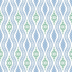 Ikat seamless pattern. Seamless hand drawn boho green with blue pattern. Ink textured japanese background. Modern batik wallpaper tile.  white  background.