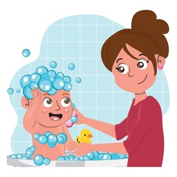 
Mother takes her baby in the bathroom. boy taking bubble bath with foam all over his body and head. Concept of maternal care and affection.