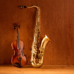 Classic music Sax tenor saxophone violin  in vintage wood background