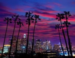 Downtown LA night Los Angeles sunset colorful skyline California [photo illustration]