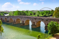 Merida in Spain roman bridge over Guadiana river Badajoz Extremadura