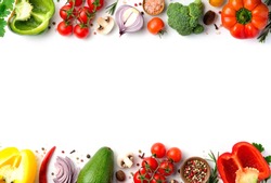 Cook frame with fresh vegetables on white background. Organic raw salad ingredients. Flat lay, copyspace, top view.