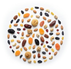 Mix of dried fruits and nuts - symbols of judaic holiday Tu Bishvat.Round leather fruit background .
