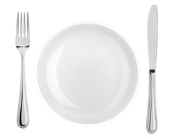 Empty plate, fork, knife, clipping path, cutlery isolated on white background, clipping path, top view