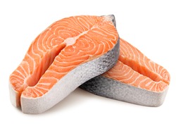 salmon, trout, steak, slice of fresh raw fish, isolated on white background, clipping path, full depth of field