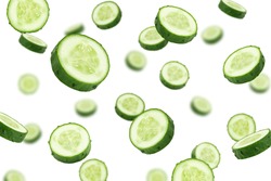 Falling cucumber slice isolated on white background, selective focus