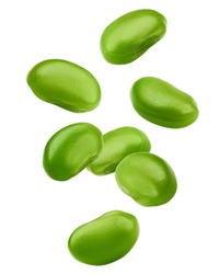 Falling edamame, green beans, isolated on white background, clipping path, full depth of field