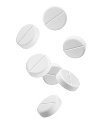 Falling Pills isolated on white background, clipping path, full depth of field
