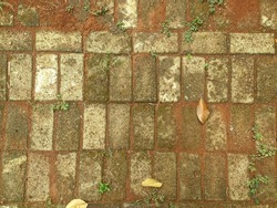 Background photo of a road with paving blocks that are starting to get dirty with visible dirt and moss