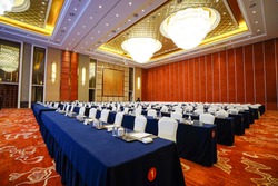 Huge Hall interior with red carpet and ceiling with lights as conference hall in luxury hotel.