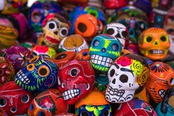  Decorated colorful skulls at market, day of dead, Mexico