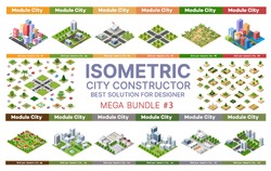 Isometric set of blocks module of areas of the city construction and designing of the perspective city of design of the urban environment