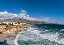 Panoramic view of beautiful city of Nerja in winter.  Empty 