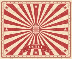 Grunge circus vintage  background. Horizontal retro poster. Vector illustration with red rays