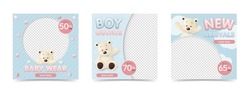 Set of banner templates with teddy bear for social media, baby and kids shop, baby fashion, boy outfits, boy clothes and toys, advertisement, sales promotion and online shopping.