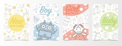 Set of banner templates with baby icons for social media, baby and kids shop, baby clothes and toys, boy fashion store, girl outfits shop, sales promotion, ads, online shopping, fair and expo