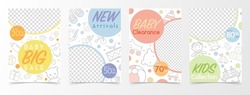 Set of banner templates with baby icons for social media, baby and kids shop, baby clothes and toys, kids fashion clearance sale, sales promotion, advertisement and online shopping.